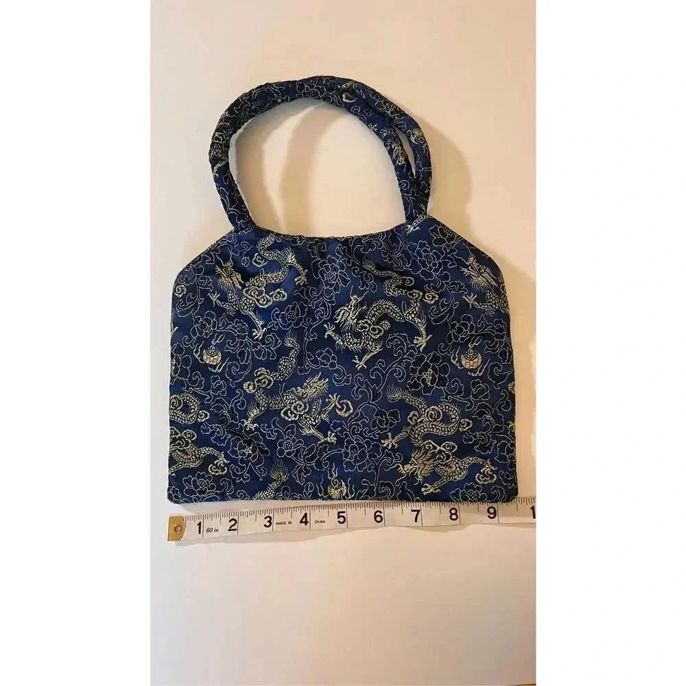 Vintage Unbranded Small Asian Inspired Dragon Fabric Shoulder Bag Purse Blue